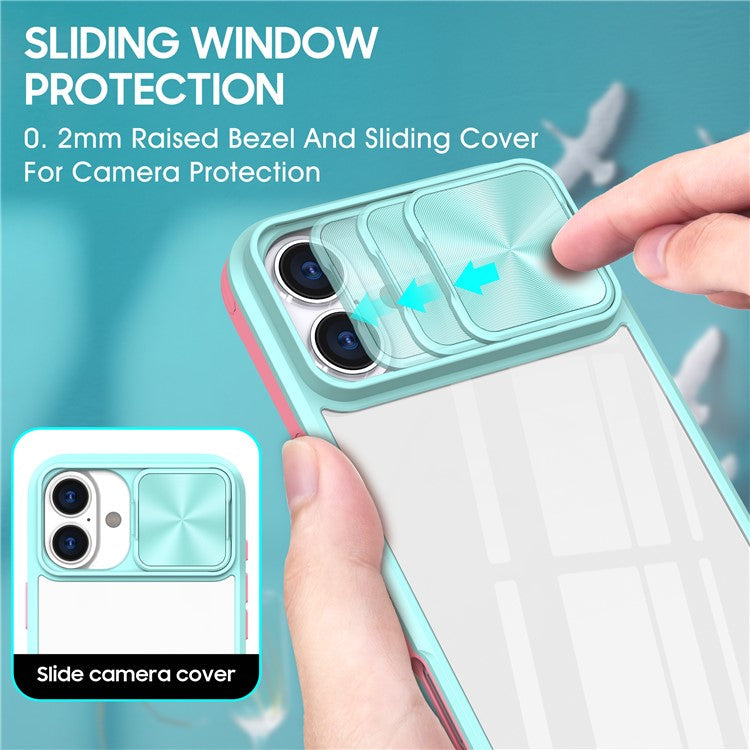 For iPhone 16 Plus Clear Case CD-Veins Camera Lens Sliding Lid TPU+PC Phone Cover - Blue / Pink