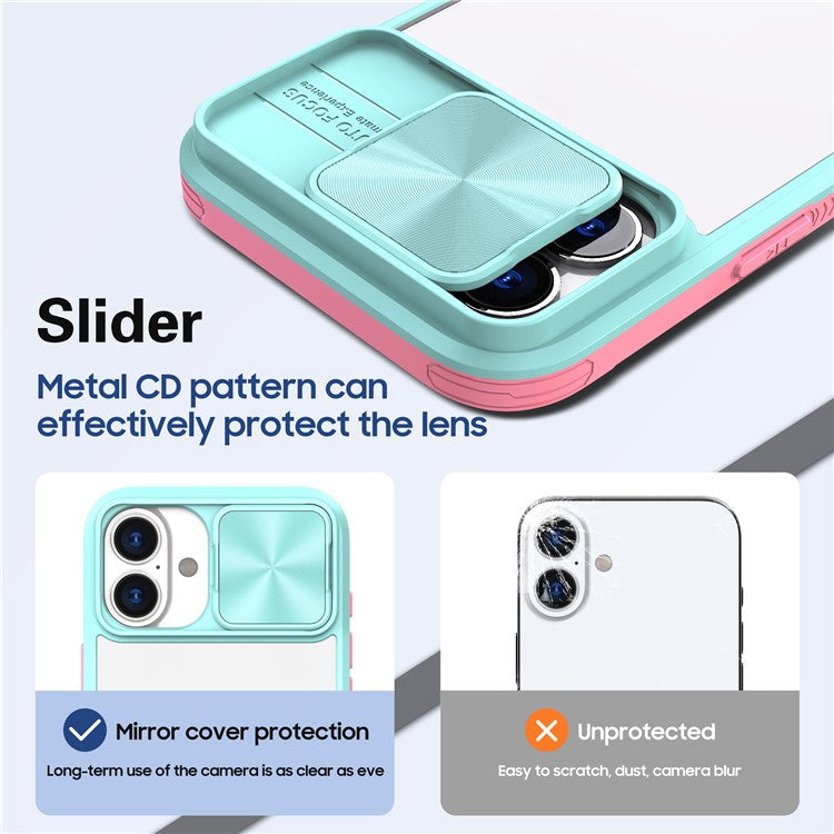 For iPhone 16 Plus Clear Case CD-Veins Camera Lens Sliding Lid TPU+PC Phone Cover - Blue / Pink