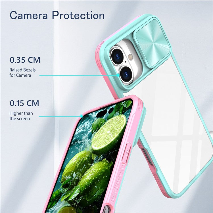 For iPhone 16 Plus Clear Case CD-Veins Camera Lens Sliding Lid TPU+PC Phone Cover - Blue / Pink