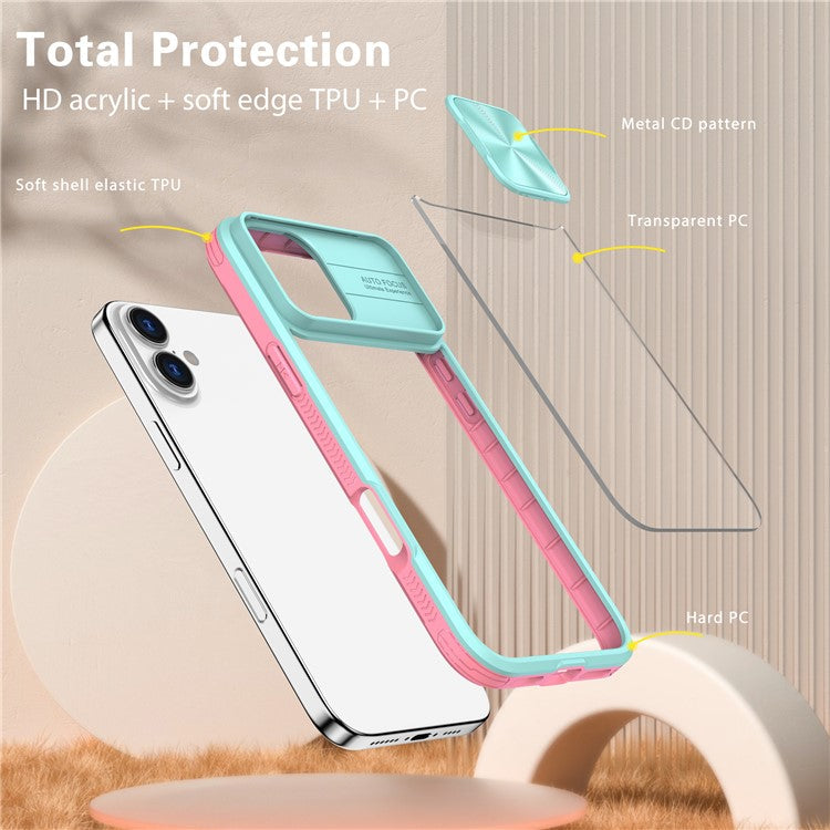 For iPhone 16 Plus Clear Case CD-Veins Camera Lens Sliding Lid TPU+PC Phone Cover - Blue / Pink