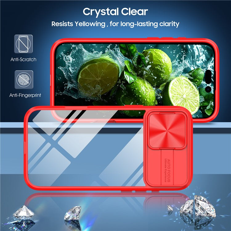 For iPhone 16 Plus Clear Case CD-Veins Camera Lens Sliding Lid TPU+PC Phone Cover - Red