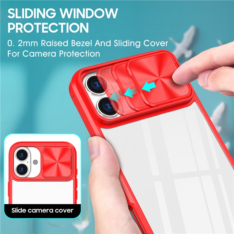 For iPhone 16 Plus Clear Case CD-Veins Camera Lens Sliding Lid TPU+PC Phone Cover - Red