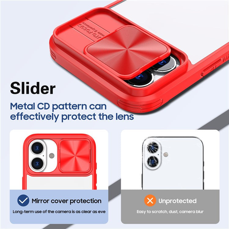 For iPhone 16 Plus Clear Case CD-Veins Camera Lens Sliding Lid TPU+PC Phone Cover - Red