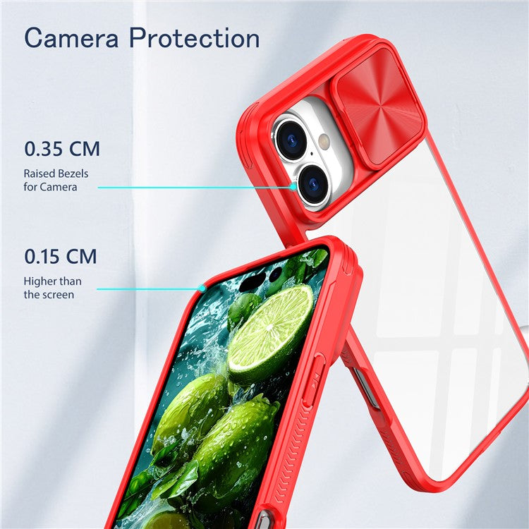 For iPhone 16 Plus Clear Case CD-Veins Camera Lens Sliding Lid TPU+PC Phone Cover - Red