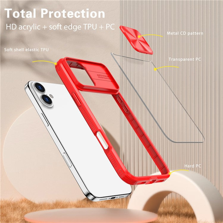 For iPhone 16 Plus Clear Case CD-Veins Camera Lens Sliding Lid TPU+PC Phone Cover - Red
