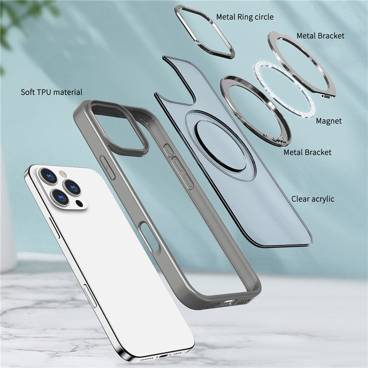 For iPhone 16 Pro Case TPU+Acrylic Kickstand Phone Cover Compatible with MagSafe - Titanium Grey