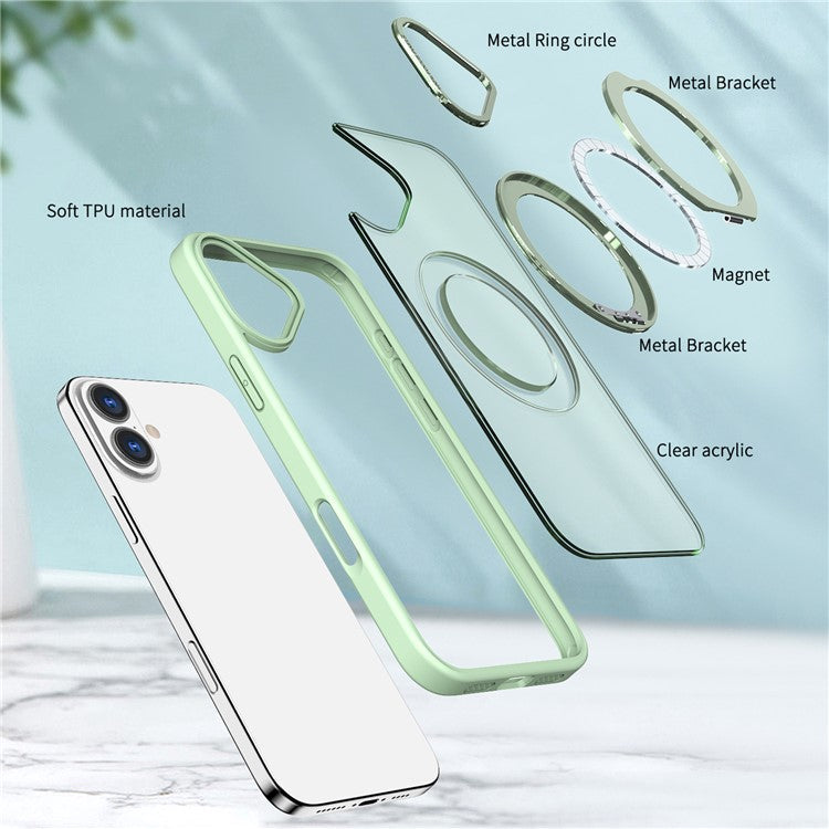 For iPhone 16 Case TPU+Acrylic Kickstand Magnetic Phone Cover - Green