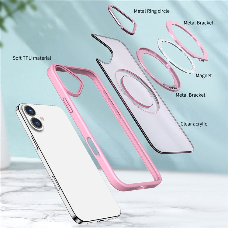 For iPhone 16 Case TPU+Acrylic Kickstand Magnetic Phone Cover - Pink