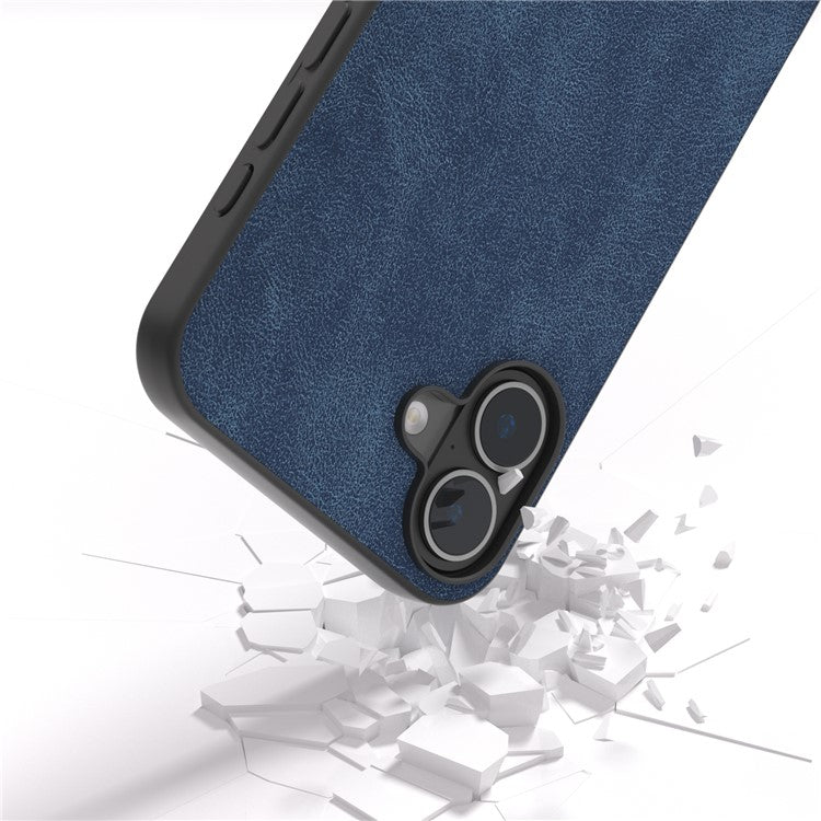 For iPhone 16 Case Anti-Scratch PU Leather Phone Back Cover Black Edge - Blue