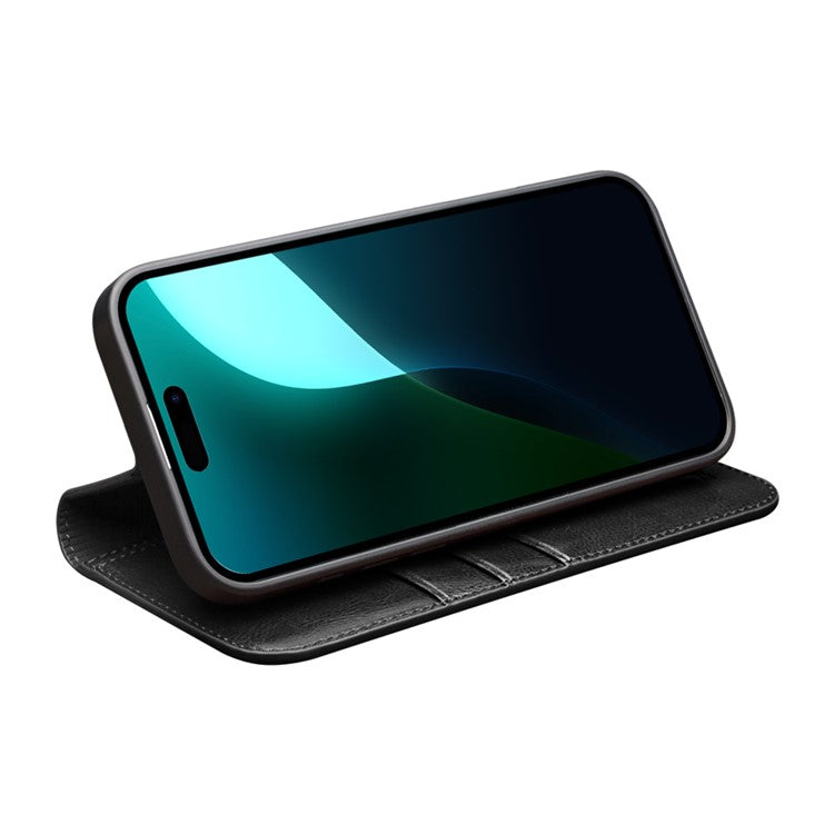 QIALINO For iPhone 16 Case Genuine Cow Leather Card Holder Stand Flip Phone Cover - Black