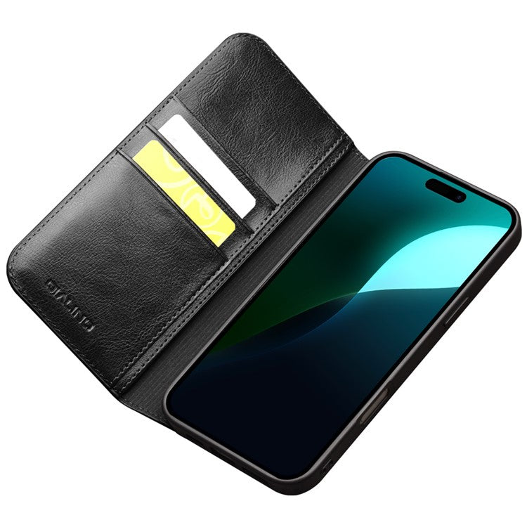QIALINO For iPhone 16 Case Genuine Cow Leather Card Holder Stand Flip Phone Cover - Black