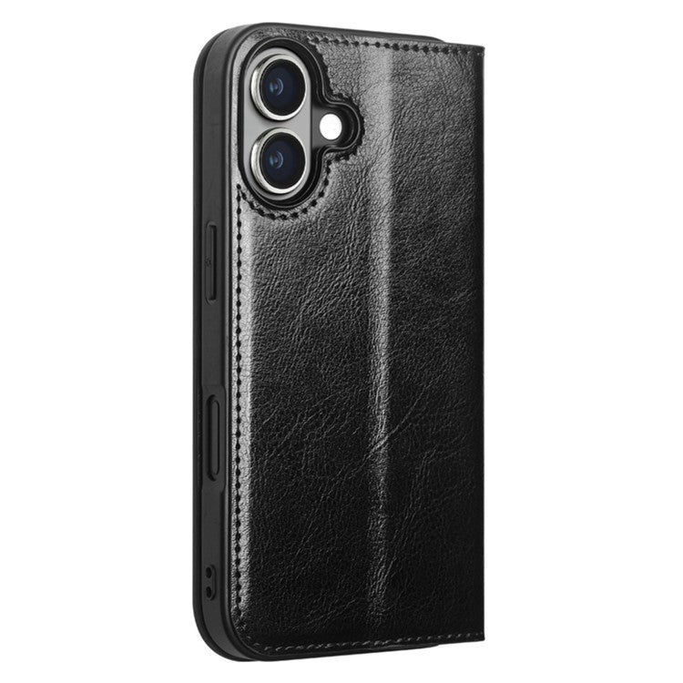 QIALINO For iPhone 16 Case Genuine Cow Leather Card Holder Stand Flip Phone Cover - Black