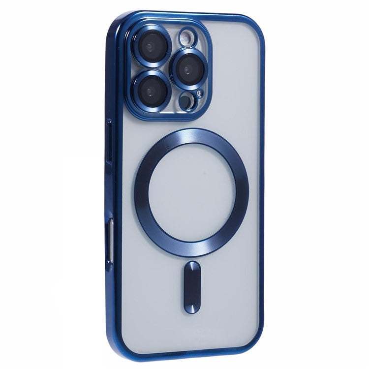 For iPhone 16 Pro Magnetic Case Soft TPU Electroplating Phone Cover with Lens Film - Dark Blue