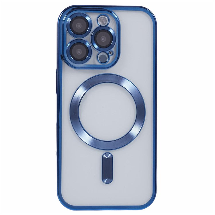 For iPhone 16 Pro Magnetic Case Soft TPU Electroplating Phone Cover with Lens Film - Dark Blue