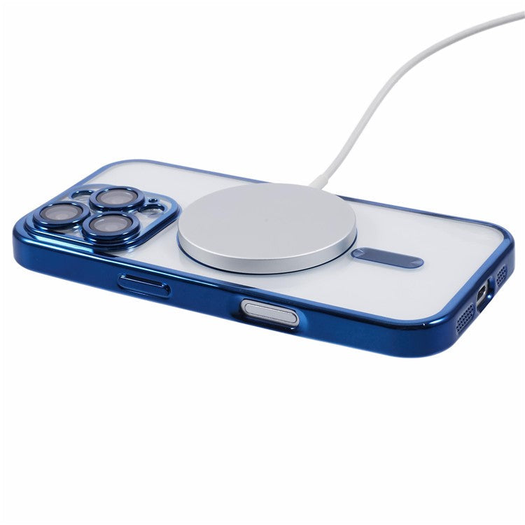 For iPhone 16 Pro Magnetic Case Soft TPU Electroplating Phone Cover with Lens Film - Dark Blue