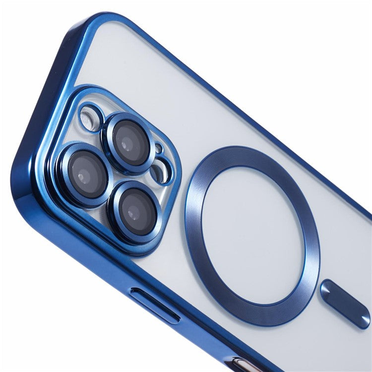 For iPhone 16 Pro Magnetic Case Soft TPU Electroplating Phone Cover with Lens Film - Dark Blue