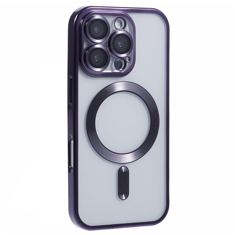 For iPhone 16 Pro Magnetic Case Soft TPU Electroplating Phone Cover with Lens Film - Dark Purple