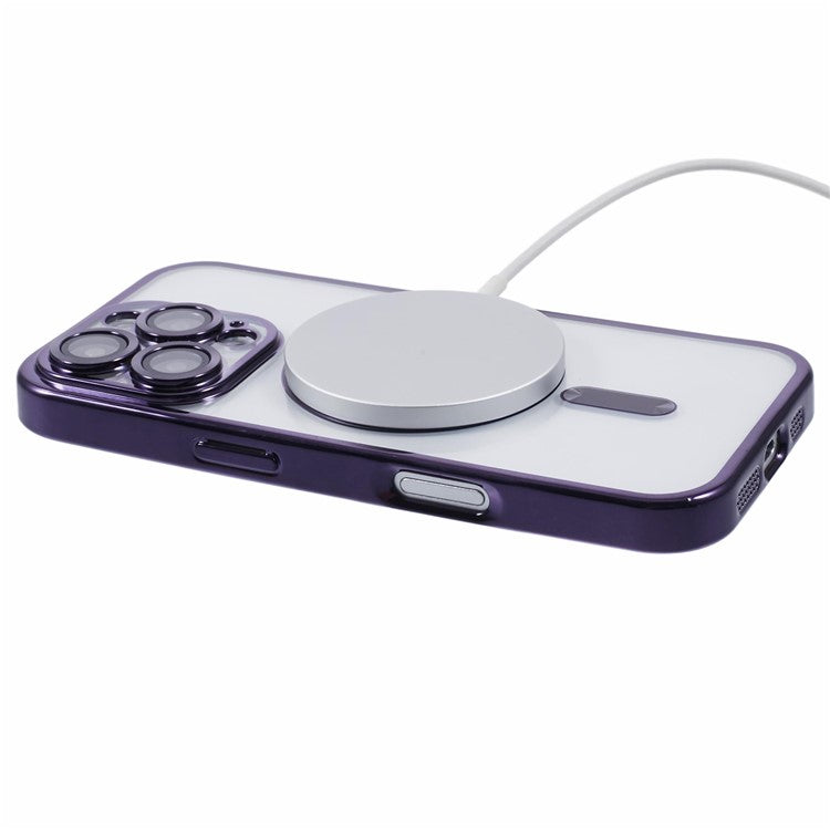 For iPhone 16 Pro Magnetic Case Soft TPU Electroplating Phone Cover with Lens Film - Dark Purple