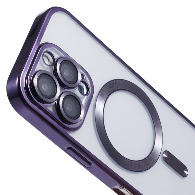 For iPhone 16 Pro Magnetic Case Soft TPU Electroplating Phone Cover with Lens Film - Dark Purple