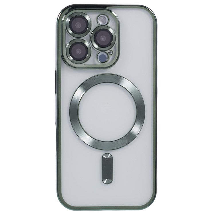 For iPhone 16 Pro Magnetic Case Soft TPU Electroplating Phone Cover with Lens Film - Midnight Green