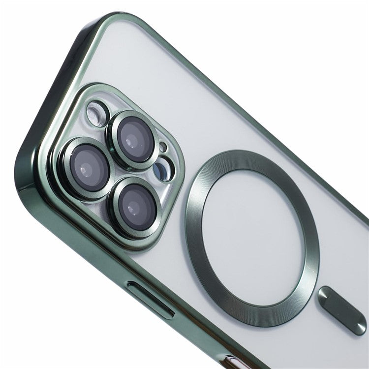 For iPhone 16 Pro Magnetic Case Soft TPU Electroplating Phone Cover with Lens Film - Midnight Green