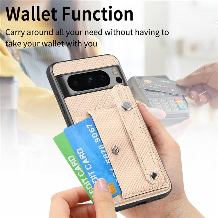 C1-01 For Google Pixel 8 Pro Case Card Holder Leather Back Cover Wristband Card Knife Tool - Khaki