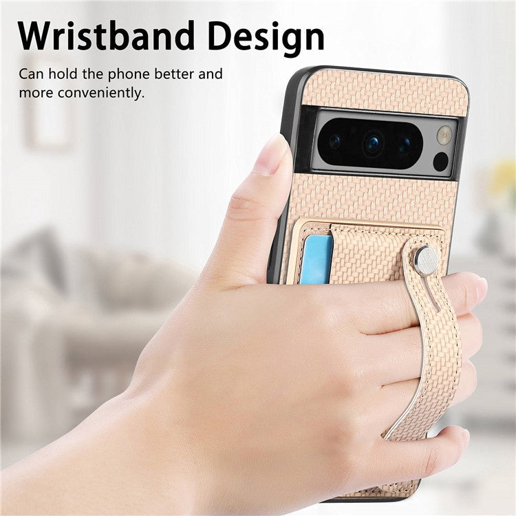 C1-01 For Google Pixel 8 Pro Case Card Holder Leather Back Cover Wristband Card Knife Tool - Khaki