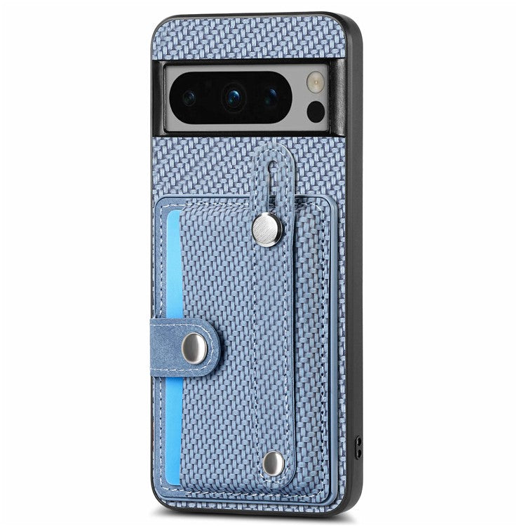 C1-01 For Google Pixel 8 Pro Case Card Holder Leather Back Cover Wristband Card Knife Tool - Blue