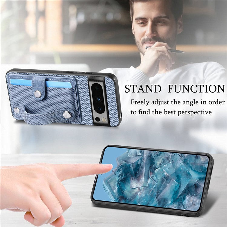 C1-01 For Google Pixel 8 Pro Case Card Holder Leather Back Cover Wristband Card Knife Tool - Blue
