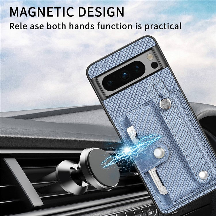C1-01 For Google Pixel 8 Pro Case Card Holder Leather Back Cover Wristband Card Knife Tool - Blue