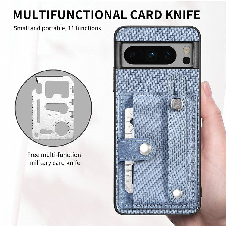C1-01 For Google Pixel 8 Pro Case Card Holder Leather Back Cover Wristband Card Knife Tool - Blue