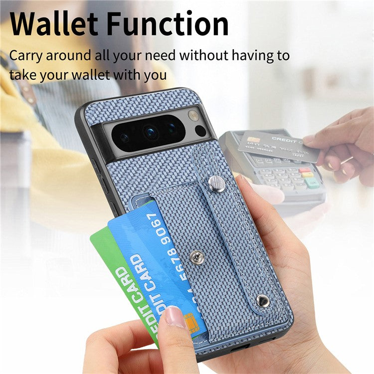 C1-01 For Google Pixel 8 Pro Case Card Holder Leather Back Cover Wristband Card Knife Tool - Blue