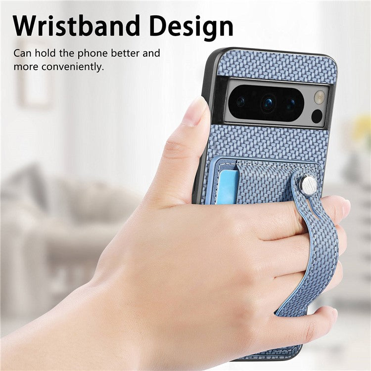C1-01 For Google Pixel 8 Pro Case Card Holder Leather Back Cover Wristband Card Knife Tool - Blue