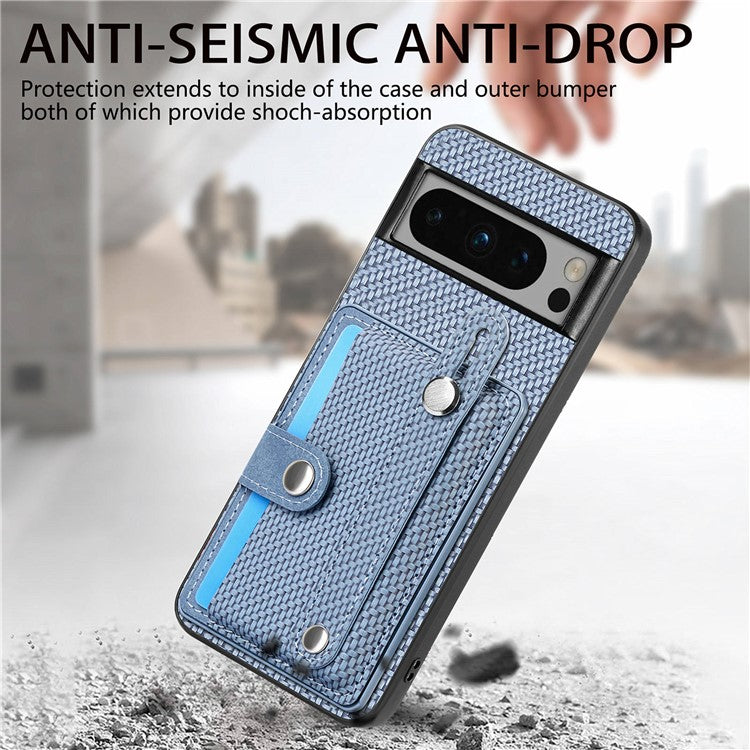 C1-01 For Google Pixel 8 Pro Case Card Holder Leather Back Cover Wristband Card Knife Tool - Blue