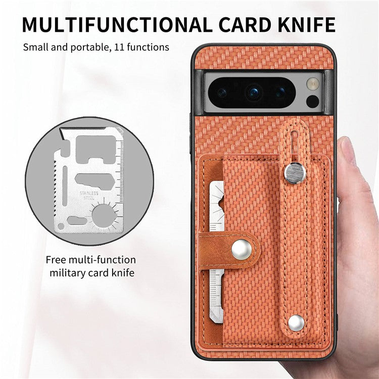 C1-01 For Google Pixel 8 Pro Case Card Holder Leather Back Cover Wristband Card Knife Tool - Brown