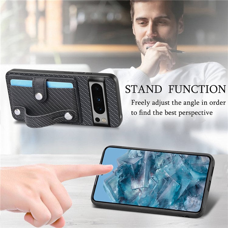 C1-01 For Google Pixel 8 Pro Case Card Holder Leather Back Cover Wristband Card Knife Tool - Black
