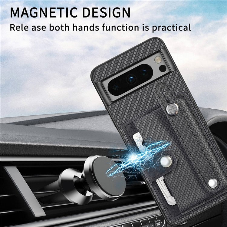 C1-01 For Google Pixel 8 Pro Case Card Holder Leather Back Cover Wristband Card Knife Tool - Black