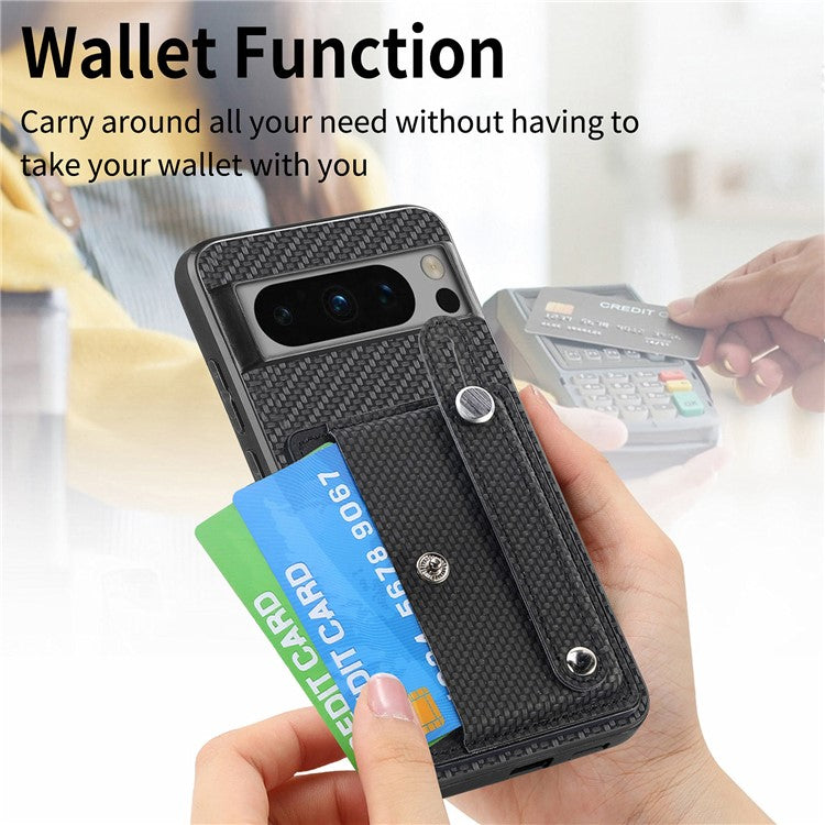 C1-01 For Google Pixel 8 Pro Case Card Holder Leather Back Cover Wristband Card Knife Tool - Black