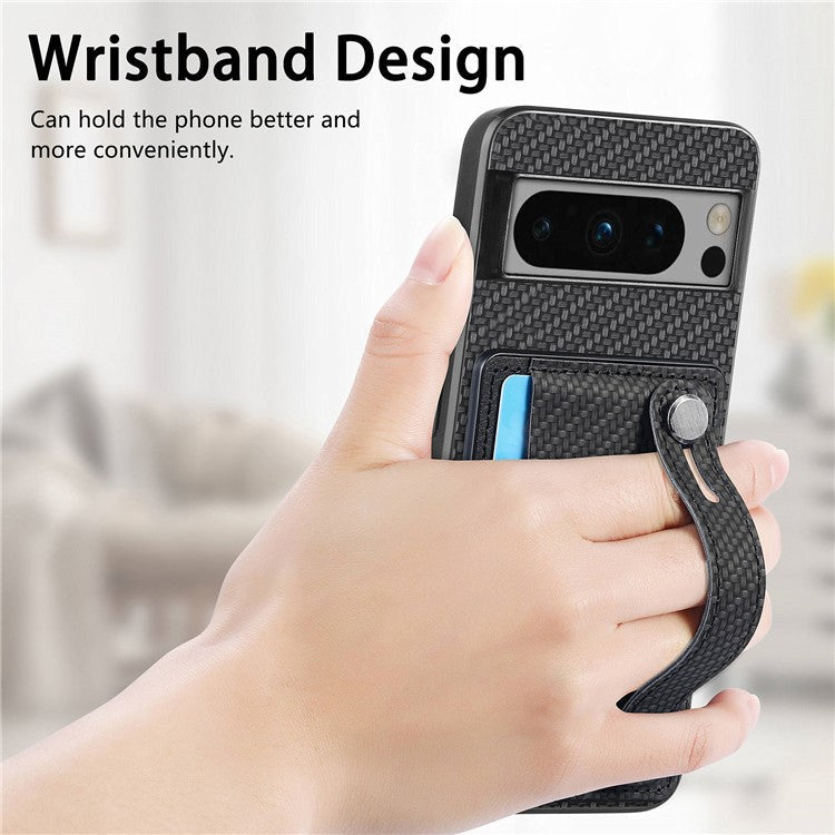 C1-01 For Google Pixel 8 Pro Case Card Holder Leather Back Cover Wristband Card Knife Tool - Black