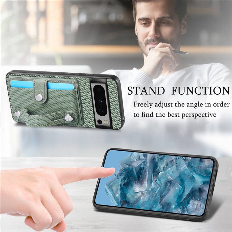 C1-01 For Google Pixel 8 Pro Case Card Holder Leather Back Cover Wristband Card Knife Tool - Green