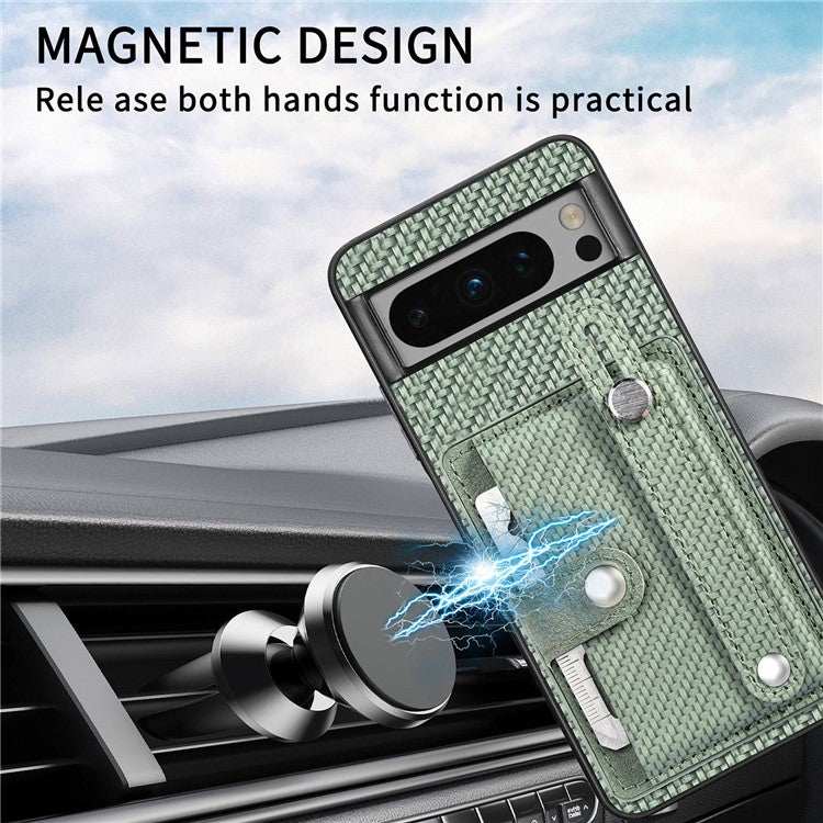 C1-01 For Google Pixel 8 Pro Case Card Holder Leather Back Cover Wristband Card Knife Tool - Green
