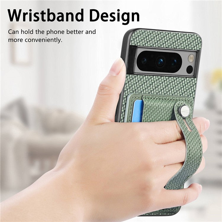 C1-01 For Google Pixel 8 Pro Case Card Holder Leather Back Cover Wristband Card Knife Tool - Green