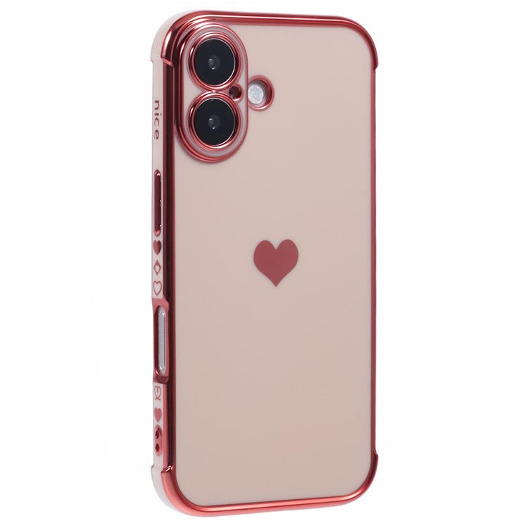 For iPhone 16 Case Side Love Heart Shockproof Soft TPU Back Cover - Rose Pink