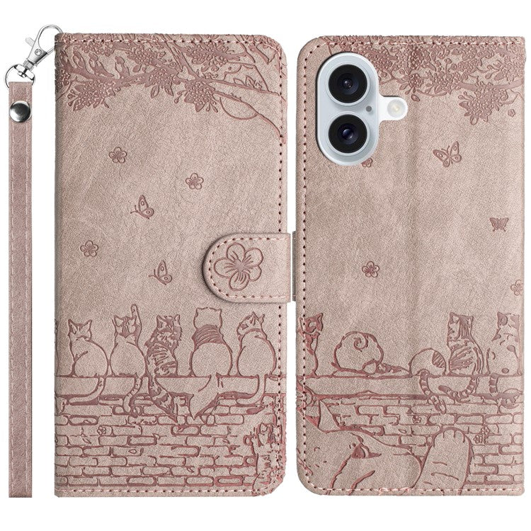 For iPhone 16 Case with Wrist Strap Leather Phone Cover Wall Cats Pattern - Smoky Purple