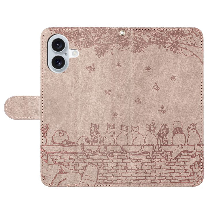 For iPhone 16 Case with Wrist Strap Leather Phone Cover Wall Cats Pattern - Smoky Purple