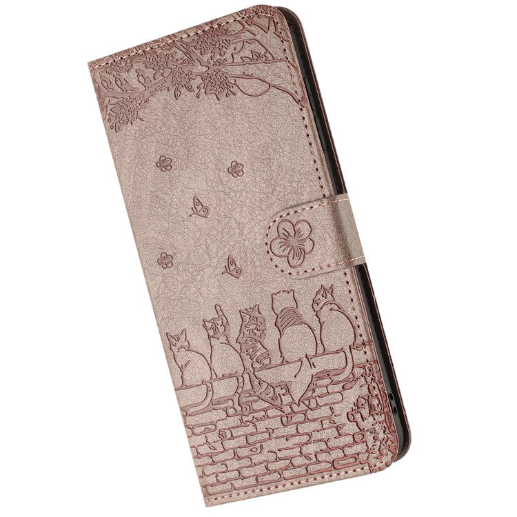 For iPhone 16 Case with Wrist Strap Leather Phone Cover Wall Cats Pattern - Smoky Purple