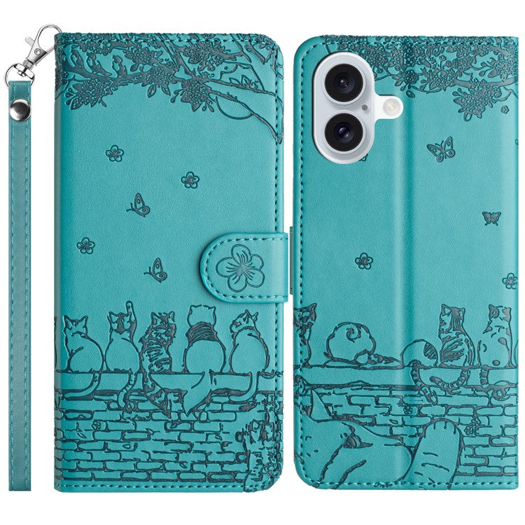 For iPhone 16 Case with Wrist Strap Leather Phone Cover Wall Cats Pattern - Blue