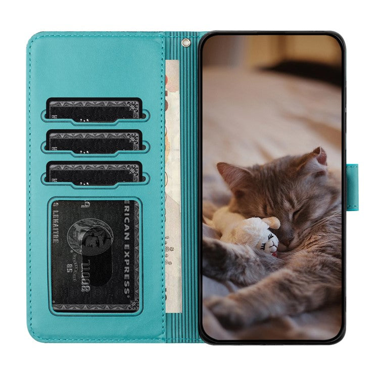 For iPhone 16 Case with Wrist Strap Leather Phone Cover Wall Cats Pattern - Blue