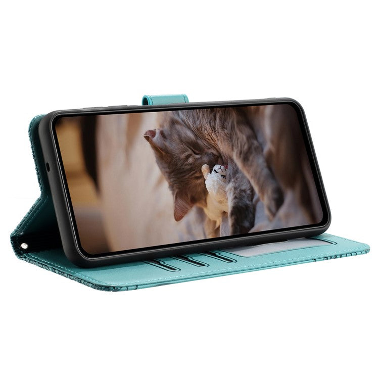 For iPhone 16 Case with Wrist Strap Leather Phone Cover Wall Cats Pattern - Blue