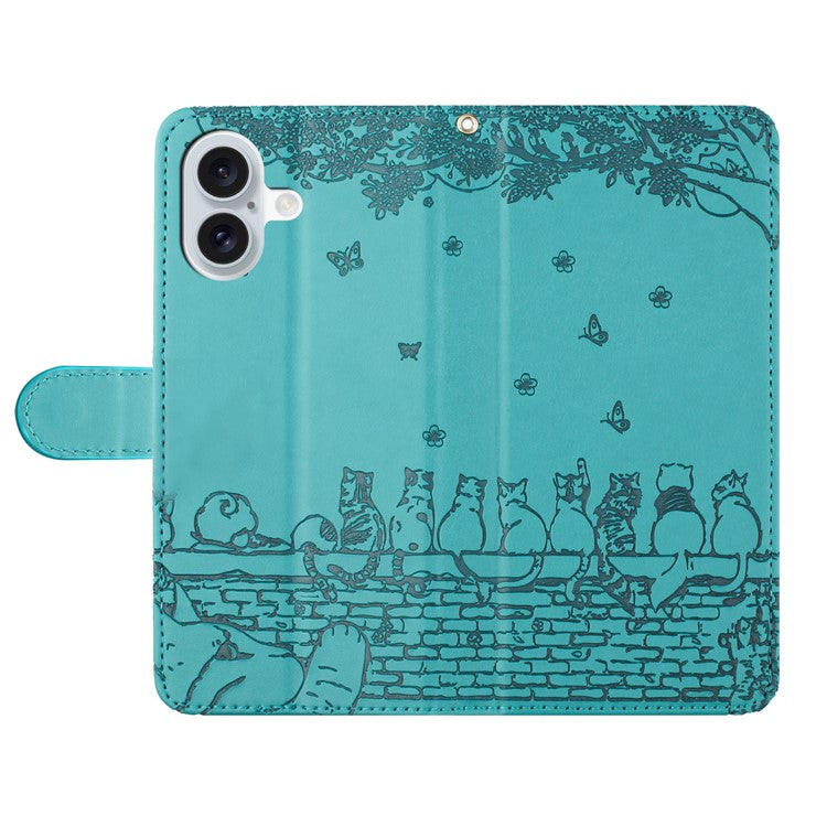 For iPhone 16 Case with Wrist Strap Leather Phone Cover Wall Cats Pattern - Blue